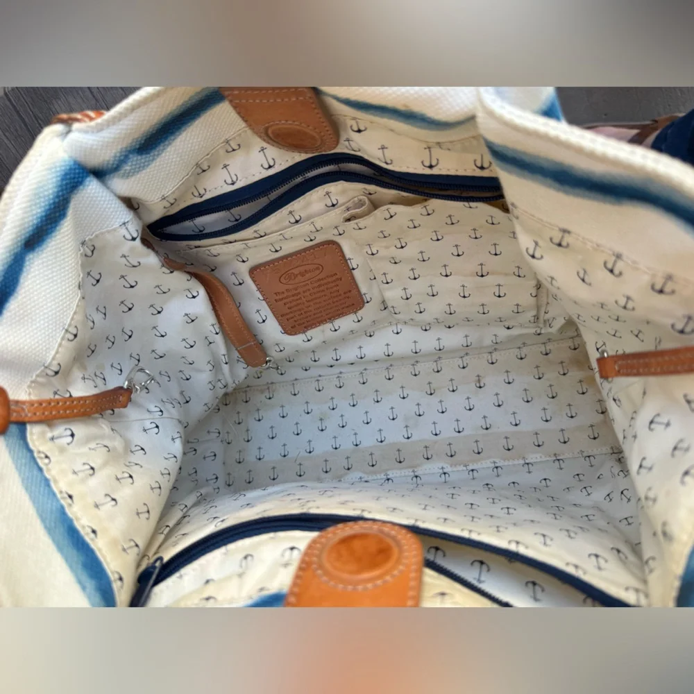 Brighton Espadrille Blue and White Striped Nautical Tote with Tan Handles - Picture 12 of 16